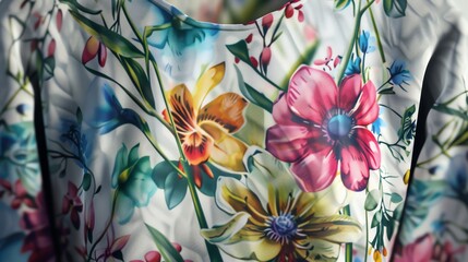 Capture intricate, vibrant floral motifs on the T-shirt, blending watercolor technique with digital rendering for a fresh and appealing look