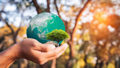 Global sustainable environment concept - ESG, net zero, eco, co2, carbon, human hand holding green globe orb with growing tree save our planet, world 