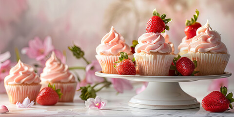 Wall Mural - vibrant and mouthwatering strawberry cupcakes, generative AI