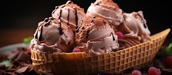 Wall Mural - Delicious ice cream with chocolate in bowl on table, closeup