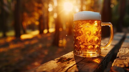 Wall Mural - Close-up of a frosty glass of beer placed on a wooden table