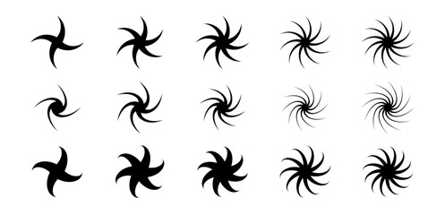 Poster - Set of different twist and swirl symbols. Black twirl and rotating lines collection. Circular radial revolving whirlwind element bundle for graphic design. Tornado and whirlpool effect pack. Vector