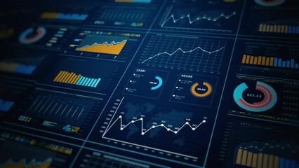 Wall Mural - Advanced data analytics dashboard display. Business and financial investment. HUD infographic of financial. Information reports of business strategy for investment. Technology data analysis.