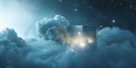 Sticker - A cloud wrapped around an advanced data center cube floating in the sky, surrounded glowing lights and stars. The scene is set against a dark background with soft lighting