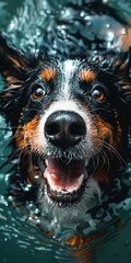 Poster - a cute baby border collie swimming in a big empty pool