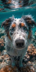 Sticker - a cute baby border collie swimming in a big empty pool, smiling