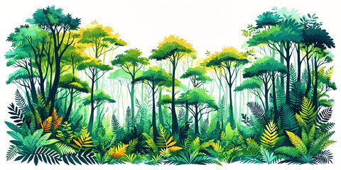 Wall Mural - The illustration is of a lush, green forest filled with trees and ferns. The scene is intended to evoke a sense of nature and tranquility, as well as the lushness and richness of the forest ecosystem