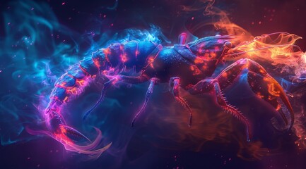 Wall Mural - scorpio zodiac sign, colorful smoke swirls around the it's head, red eyes glow in the dark backgroun