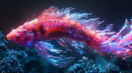 Pisces zodiac sign, colorful smoke swirls around the it's head, red eyes glow in the dark background