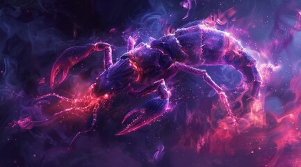 Wall Mural - scorpio zodiac sign, colorful smoke swirls around the it's head, red eyes glow in the dark backgroun