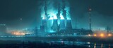 Fototapeta Uliczki - A futuristic nuclear power plant illuminated at night highlighting advanced energy production technologies