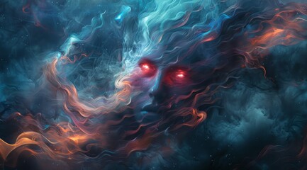 Wall Mural - colorful smoke swirls around human head, red eyes glow in the dark background