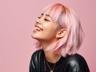 Canvas Print - A woman with pink hair is smiling and wearing a black shirt and gold necklace