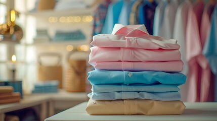 Wall Mural - A stack of pastel colored shirts were stacked neatly on top of one another. There was an empty table or shelf.