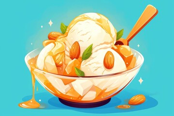 Artistic illustration of a scoop of vanilla ice cream topped with crunchy frozen almonds, drizzled with honey, served in a frosty bowl