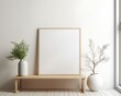 © FoxGrafy - Minimalist interior with a frame mockup against a neutral wall, highlighted by natural light and a calm setting,