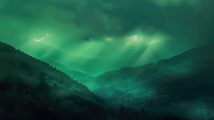 Wall Mural - Green mountain range with cloudy sky and red sun in sky