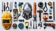 a collection of welding tools, such as a welding mask, gloves, welding torch, electrode holder, ground clamp, angle grinder, safety goggles, slag hammer, chipping hammer, and wire brush