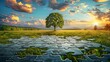 Piece of Puzzle Completing a Large Landscape Depict a large, beautiful landscape puzzle that is nearly complete, with a single puzzle piece ready to be placed