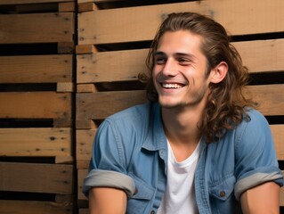 A young man with long hair is smiling and wearing a blue shirt and white shirt