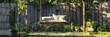 Couch Perched on Pool Amidst Lush Greenery,
