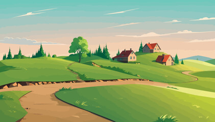 Wall Mural - a painting of a hilly countryside with a house on a hill