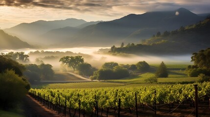 Wall Mural - Panorama of a vineyard with morning mist and mountains in the background