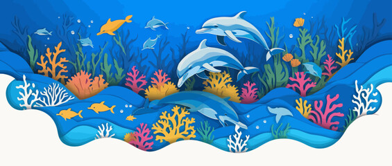 Wall Mural - a paper cut of dolphins swimming in the ocean