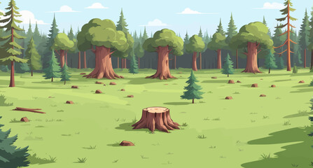 Wall Mural - a cartoon scene of a forest with a tree stump