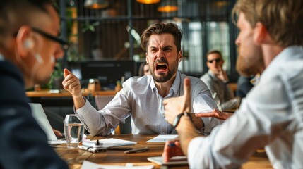 A business team in a meeting, with one member using appeasement tactics to handle an angry colleague