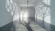 A panoramic view of a minimalist gallery space, where stark shadows of leafless trees are cast on the walls through light projection, merging nature with contemporary art. 