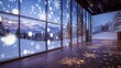 A panoramic view of a snow-covered landscape projected onto a large, indoor wall, complete with gently falling snowflakes, transforming the space into a winter wonderland.