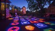 A playful, candy-colored light projection on a playground at dusk, turning the ground into a vibrant, interactive game board for children to explore and enjoy. 32k, full ultra hd, high resolution
