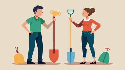 Wall Mural - A young couple inspecting an assortment of vintage shovels and hoes debating which ones to add to their collection.. Vector illustration