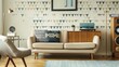 A retro-inspired living room featuring a mid-century modern sofa, a vintage teak wood sideboard, a classic turntable setup, and geometric patterned wallpaper in muted tones. 