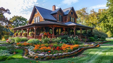 Wall Mural - A luxury country farm house with a wrap-around porch and vibrant flower beds in full bloom