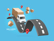 © John k studio - Delivery and online shopping concept ,Cargo trucks drive on winding roads and there is a parcel box or cardboard box, all red maps floating in the air around, vector 3d isolated on blue background