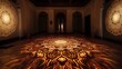 A serene, dark room illuminated by a soft, amber light projection of an intricate mandala pattern sprawling across the floor and walls, creating a tranquil meditation space. 