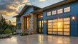 © Salman - A modern home's garage with blue siding and stone trim, the reflection of a setting sun in the large windows