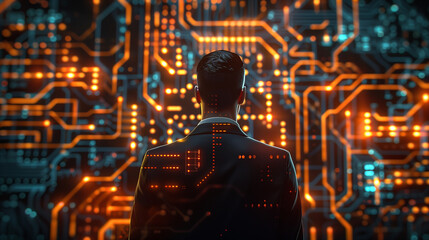 A man is standing in front of a computer monitor with a lot of orange and blue lights. Concept of technology and innovation, as well as the idea of a futuristic world