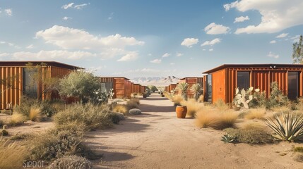 A testimonial photo showing a desert landscape with a building in the background and several container houses.