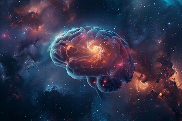 A human brain blended with a cosmic nebula.