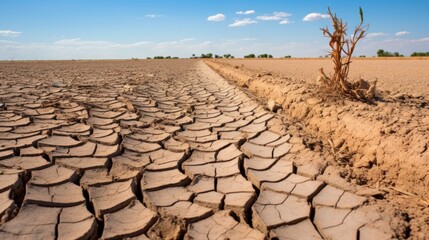 Drought destroys cultivated plants. Trees dry out in rows on the parched soil in summer. The other side is rich. Comparison picture