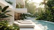 © Salman - A white villa's poolside paradise, with sleek loungers and a garden bursting with tropical flora in the golden hour light