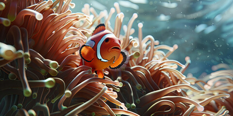 Wall Mural - a close up clownfish swimming in anemones, generative AI