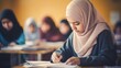 © ORG - Muslim girl in hijab making notes in copybook while sitting