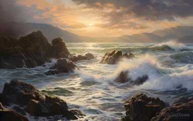 Wall Mural - beautiful seascape panorama with waves and rocks at sunset