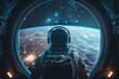 Evoke tranquility by portraying a solitary figure in a deep blue astronaut suit gazing out towards Earth from a spaceship window Illustrate the vastness of space against the deep b