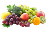 Colorful assortment of fresh fruits and vegetables arranged on an isolated white background
