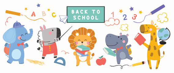 Wall Mural - Back to School concept animal vector set. Collection of adorable wildlife, elephant, zebra, lion, hippo, giraffe. School with funny animal character illustration for greeting card, kids, education.